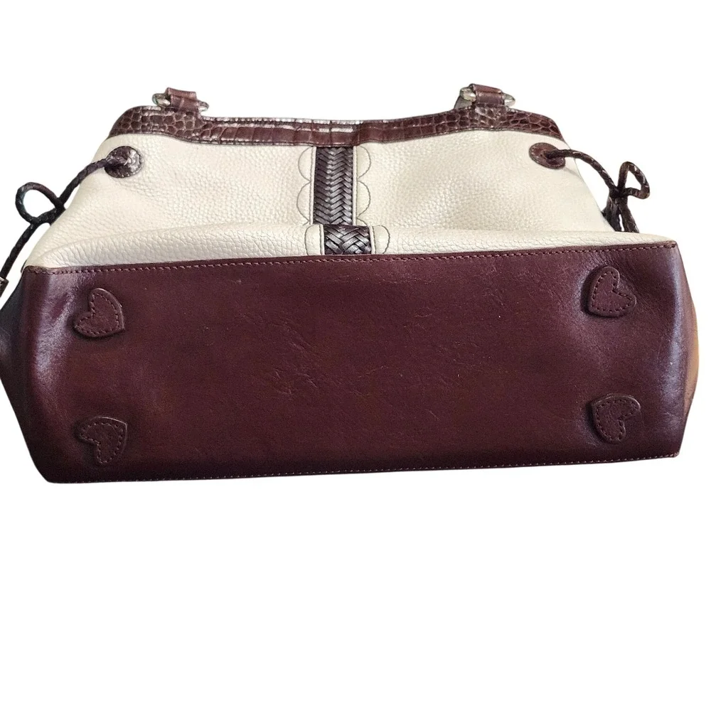 Brighton Shoulder Bag Hand Bag Medium White Brown Leather Heart Shapes Details